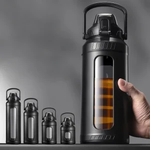 Large Capacity 2L Water Bottle Glass Bottle with Removable Straw, High Borosilicate Glass Water Bottle with Carry Handle for Gym 1
