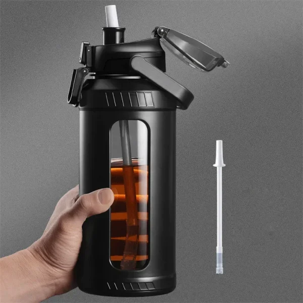 Large Capacity 2L Water Bottle Glass Bottle with Removable Straw, High Borosilicate Glass Water Bottle with Carry Handle for Gym 3