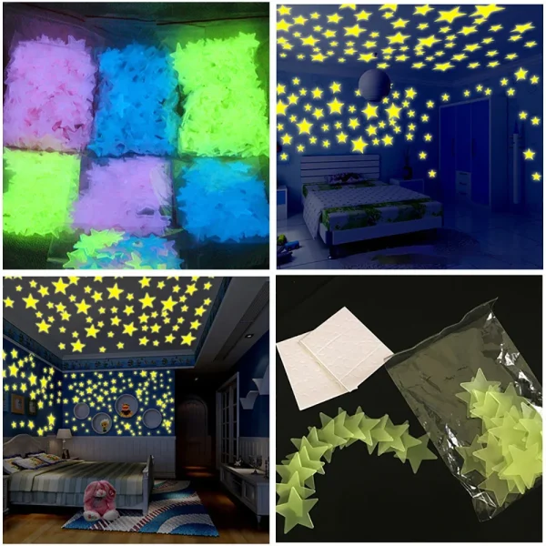 100 pcs Luminous Moon and Stars Wall Stickers Glow in the Dark Wall Decals Bedroom Ceiling Home Decorative Stickers Kids Room 6