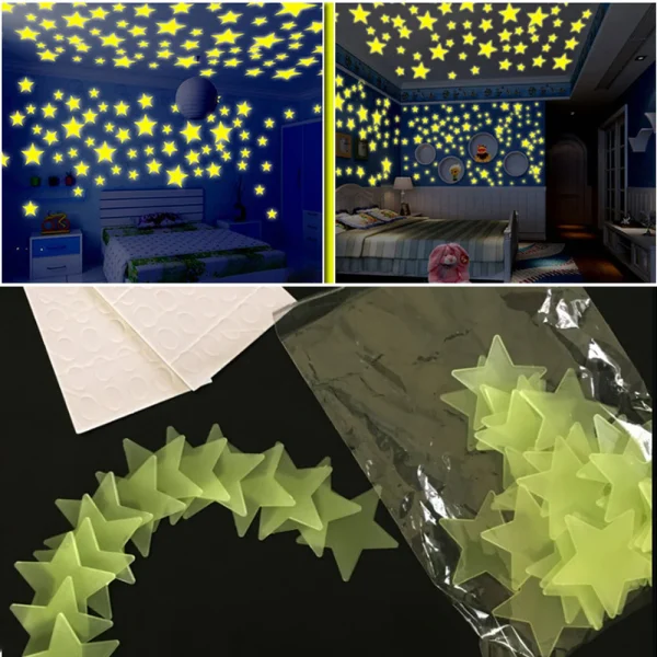 100pcs Glow in The Dark 3D Stars Wall Stickers Fluorescent Adhesive Luminous Stickers Kids Baby Room Bedroom Ceiling Home Decor 6