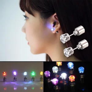 2PCS Colorful LED Luminous Studs Square Zircon Earrings Men Women Bar Rave Wedding Party Ear Stud Jewelry Glowing Earring 1