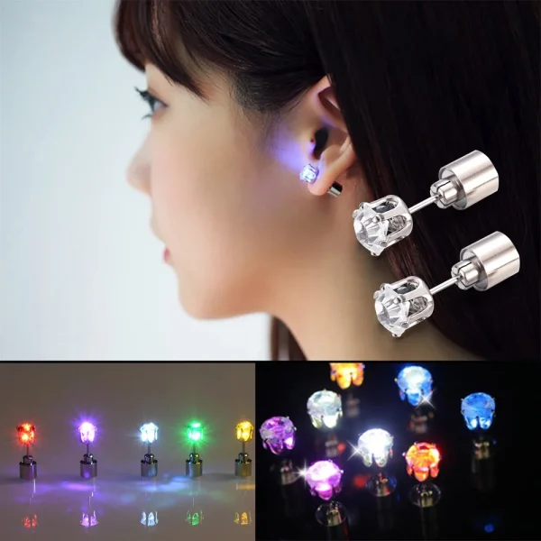 2PCS Colorful LED Luminous Studs Square Zircon Earrings Men Women Bar Rave Wedding Party Ear Stud Jewelry Glowing Earring 1