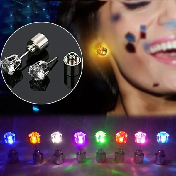 2PCS Colorful LED Luminous Studs Square Zircon Earrings Men Women Bar Rave Wedding Party Ear Stud Jewelry Glowing Earring 2