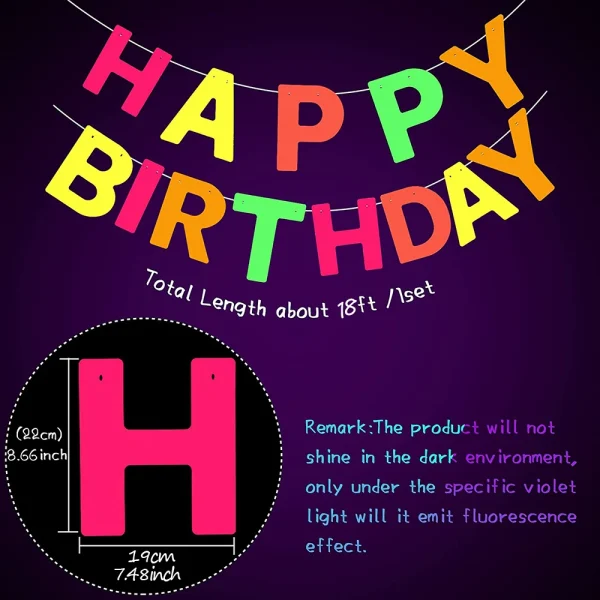 Neon Happy Birthday Banner Blacklight Party Supplies Glow in the Dark Birthday Banner Black Light Reactive UV Party Accessories 4