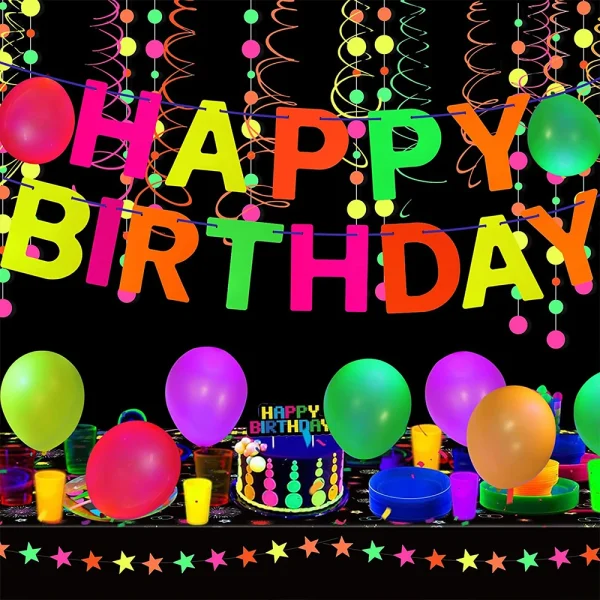 Neon Happy Birthday Banner Blacklight Party Supplies Glow in the Dark Birthday Banner Black Light Reactive UV Party Accessories 6