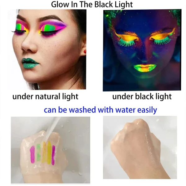 Blacklight Neon Lipstick Face Body Paint Glow in the Dark UV Reactive Light up Clubbing Costume Makeup UV Glow Party Supplies 4