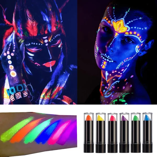 Blacklight Neon Lipstick Face Body Paint Glow in the Dark UV Reactive Light up Clubbing Costume Makeup UV Glow Party Supplies 5