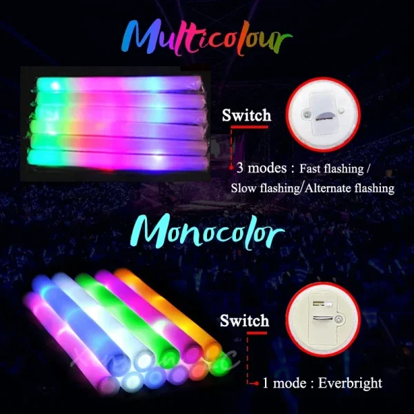 30/40/60/100/120Pcs RGB LED Glow Foam Stick Bulk Colorful LED Glow Sticks  Cheer Tube Dark Light Birthday Wedding Party Supplies 6
