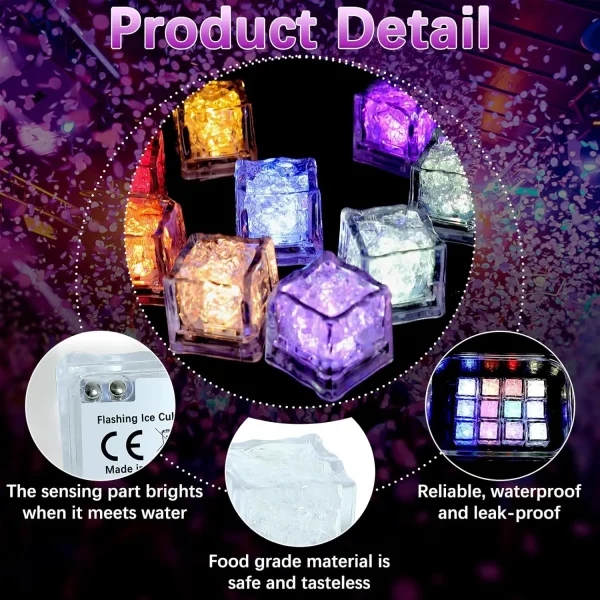 12pc Waterproof LED Ice Cubes Light Up Ice Cubes Reusable Flashing Glow Ice Cubes Liquid Sensor Glowing Ice Cubes for Drinks Bar 2