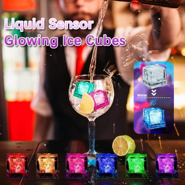 12pc Waterproof LED Ice Cubes Light Up Ice Cubes Reusable Flashing Glow Ice Cubes Liquid Sensor Glowing Ice Cubes for Drinks Bar 4