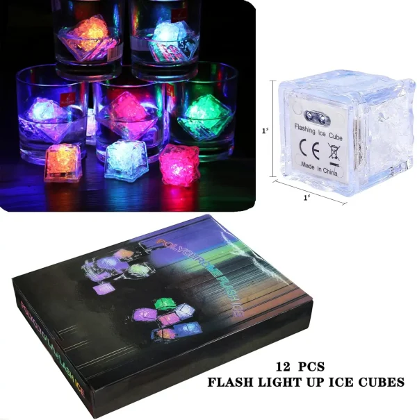 12pc Waterproof LED Ice Cubes Light Up Ice Cubes Reusable Flashing Glow Ice Cubes Liquid Sensor Glowing Ice Cubes for Drinks Bar 6