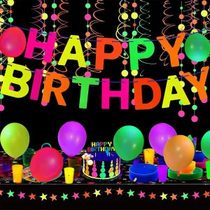 Blacklight Party Supplies Happy Birthday Banner Neon Balloon Glow in The Dark Wafer Stars Paper Garland UV Reactive Glow Tapes 1
