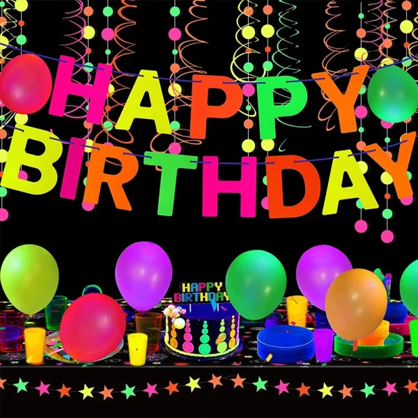 Blacklight Party Supplies Happy Birthday Banner Neon Balloon Glow in The Dark Wafer Stars Paper Garland UV Reactive Glow Tapes 1