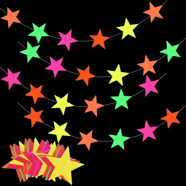 Blacklight Party Supplies Happy Birthday Banner Neon Balloon Glow in The Dark Wafer Stars Paper Garland UV Reactive Glow Tapes 3
