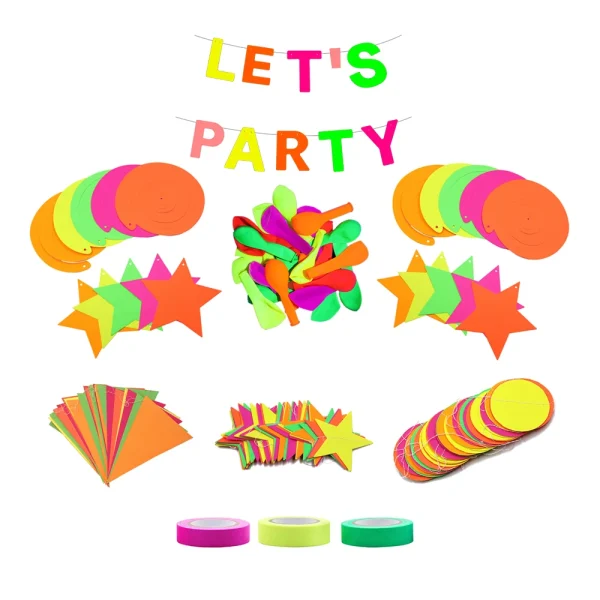 Blacklight Party Supplies Happy Birthday Banner Neon Balloon Glow in The Dark Wafer Stars Paper Garland UV Reactive Glow Tapes 4