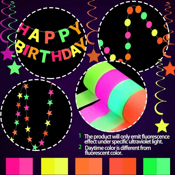 Blacklight Party Supplies Happy Birthday Banner Neon Balloon Glow in The Dark Wafer Stars Paper Garland UV Reactive Glow Tapes 5