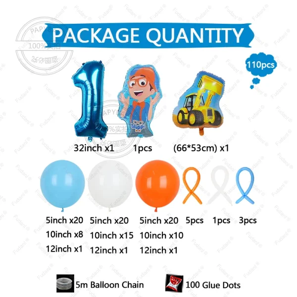 110pcs Blippi Theme Birthday Balloon Column Set Orange Blue Latex Balloon Boy Baby Shower Globos Birthday 1Year Old Party Decors 2