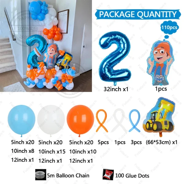 110pcs Blippi Theme Birthday Balloon Column Set Orange Blue Latex Balloon Boy Baby Shower Globos Birthday 1Year Old Party Decors 3