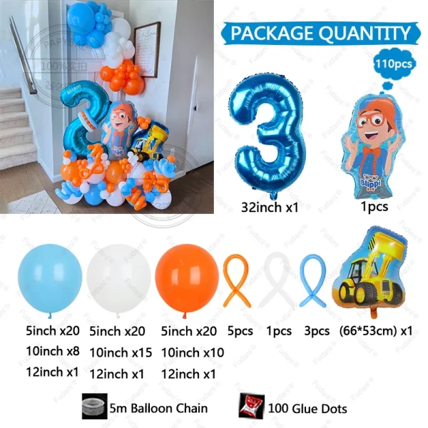 110pcs Blippi Theme Birthday Balloon Column Set Orange Blue Latex Balloon Boy Baby Shower Globos Birthday 1Year Old Party Decors 4
