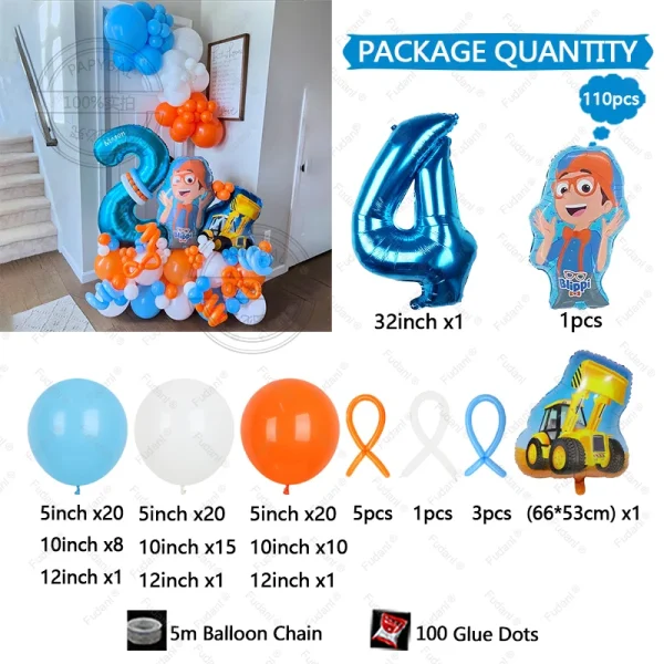 110pcs Blippi Theme Birthday Balloon Column Set Orange Blue Latex Balloon Boy Baby Shower Globos Birthday 1Year Old Party Decors 5