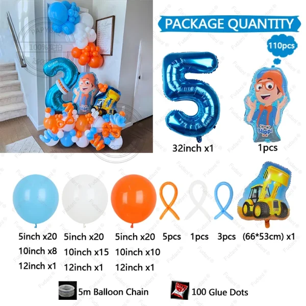 110pcs Blippi Theme Birthday Balloon Column Set Orange Blue Latex Balloon Boy Baby Shower Globos Birthday 1Year Old Party Decors 6