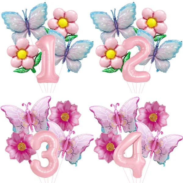 Pink Number Balloon Butterfly Balloon Set Butterfly Balloons Foil 32inch 1st-9th Number Birthday Decor for Girl Baby Shower 1