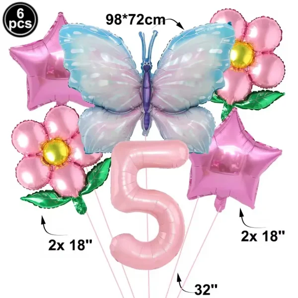 Pink Number Balloon Butterfly Balloon Set Butterfly Balloons Foil 32inch 1st-9th Number Birthday Decor for Girl Baby Shower 6