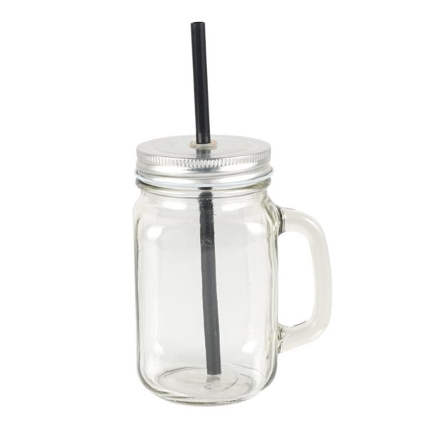 Glass Jar with Silver Lid Reusable Straw - 450 ml