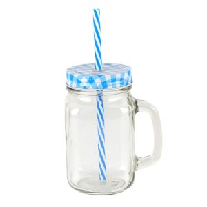 Glass Jar with Blue Lid Reusable Straw - 450 ml