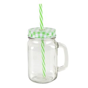 Glass Jar with Green Lid Reusable Straw - 450 ml