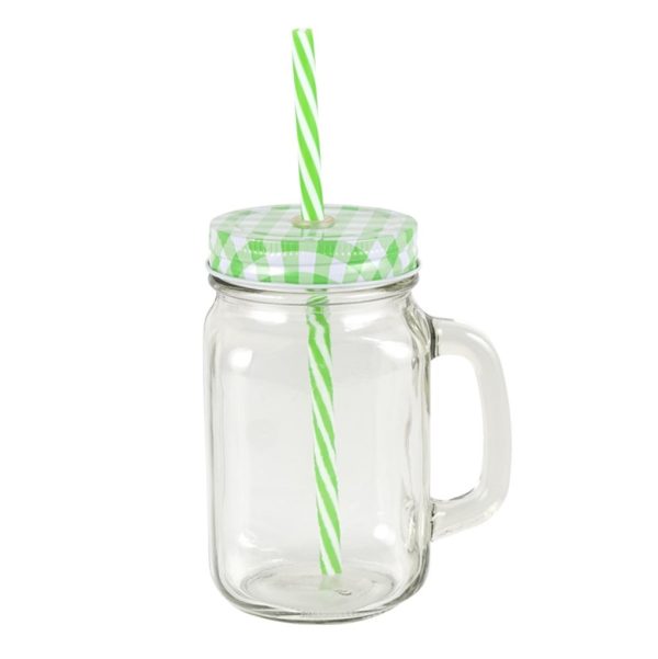 Glass Jar with Green Lid Reusable Straw - 450 ml