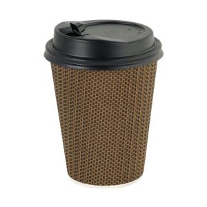Brown Ripple Paper Cup With Black Lid - 12 oz (40 pcs)