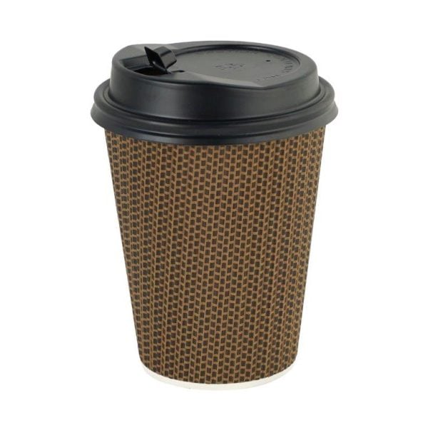 Brown Ripple Paper Cup With Black Lid - 12 oz (40 pcs)