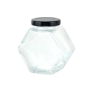 Hexagon Honey Flat Glass Jar With Black Lid - 200 ml (1 pcs)