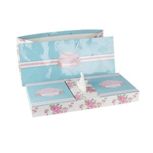 Pink Blue Floral Set of Paper Bag and Box - 25x58x28 cm (1 set)