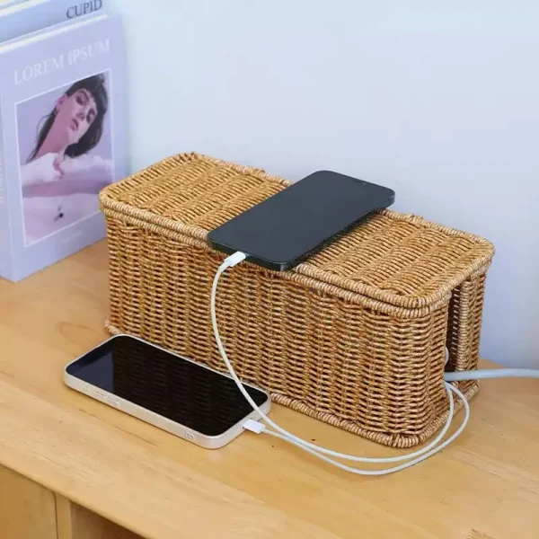 Imitation Rattan Cable Organizer Box Office Desk Charger Socket Network Line Storage Bin Power Cord Charger Storage Box 2