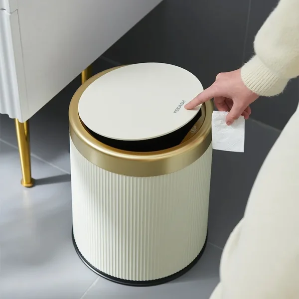 Modern Double Layered Trash Bin with Press Top Lid, White and Black, Bathroom, Office and Bedroom 3
