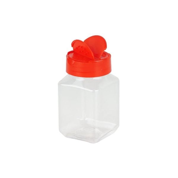 Clear Square Plastic Spices Bottle with Red Cap - 165ml