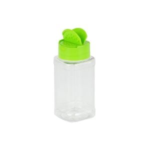 Clear Square Plastic Spices Bottle with Green Cap - 135 ml