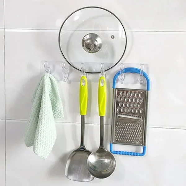 Transparent Plastic Coat Hooks Kitchen Bathroom Six Rows Hooks Punch Free Wall Hook Bathroom Towel Rack Accessories 3