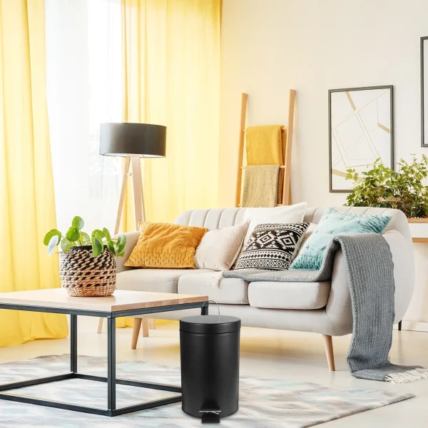 3L Black Matte Round Pedal Trash Can Kitchen Garbage Bin Waste Basket Household Litter Box Bedroom Bathroom Study Dining Room 3