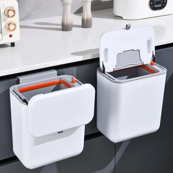Kitchen Hanging Garbage Bin, 9L/7L Wall Mounted Large Capacity Covered Kitchen Garbage Recycling Bin, Bathroom Paper Basket 2