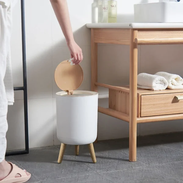 Trash Can with Lid High Foot Press Dustbin Kitchen Garbage Container Toilet Garbage Can Press Cover Wooden Grain Foot Waste Bin 6