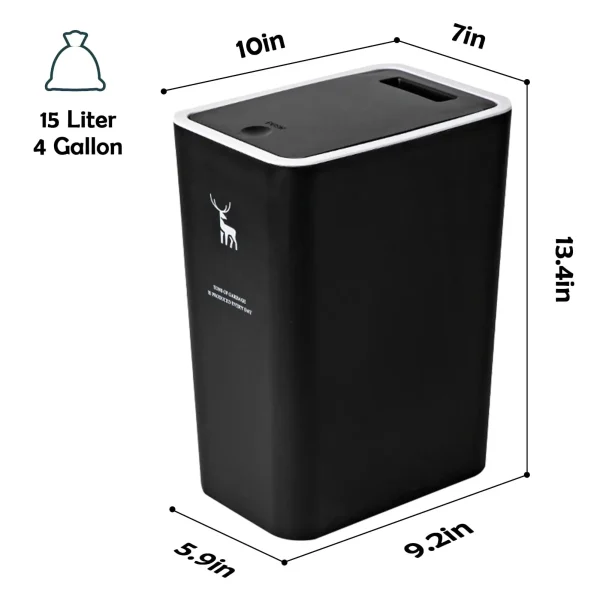 Bathroom Trash Can with Lid, 15 Liters Garbage Can with Press Top, Plastic Trash Bin, Waste Basket for Kitchen|Bedroom|Office 4
