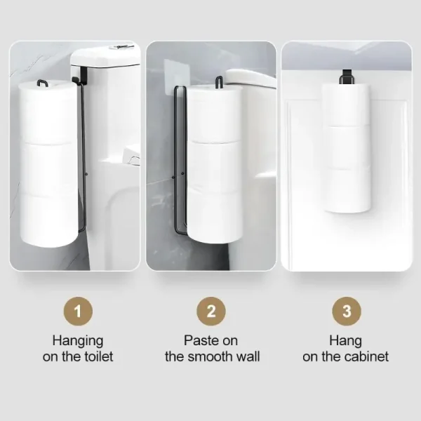 No-Drill Toilet Paper Holder – Self-Adhesive Wall Mount with Towel Bar, Black Iron Bathroom & Kitchen Storage – Space-Saving Tis 4