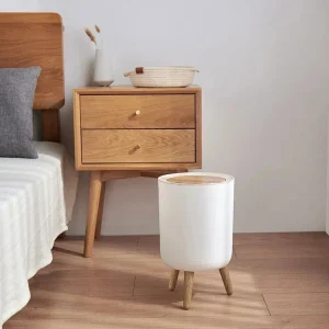 Trash Can with Lid High Foot Press Dustbin Kitchen Garbage Container Toilet Garbage Can Press Cover Wooden Grain Foot Waste Bin 1