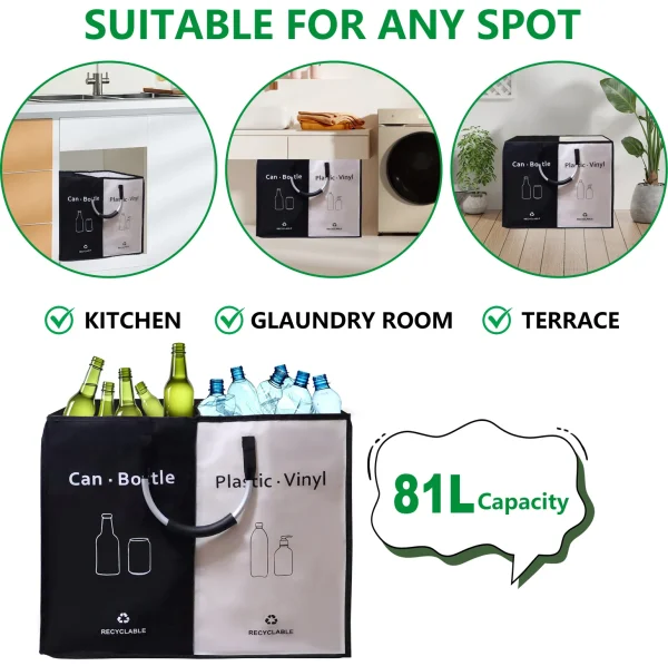 Collector Bins with 2 Compartments 81L Recycling Bins Odor-Resistant Recycle Bin Indoor Bottle Hamper for Home and Kitchen 2