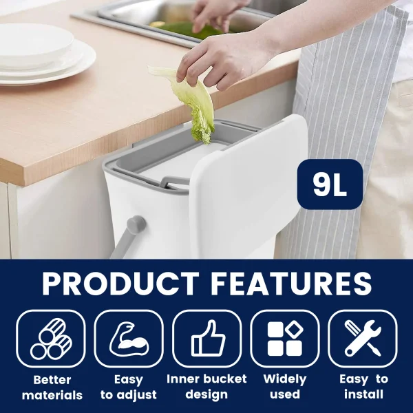 9L Wall Mounted Trash Can Kitchen Food Garbage Bin Cabinet Under Hanging Large Capacity Flip Type Sink Bathroom Waste Bin 2