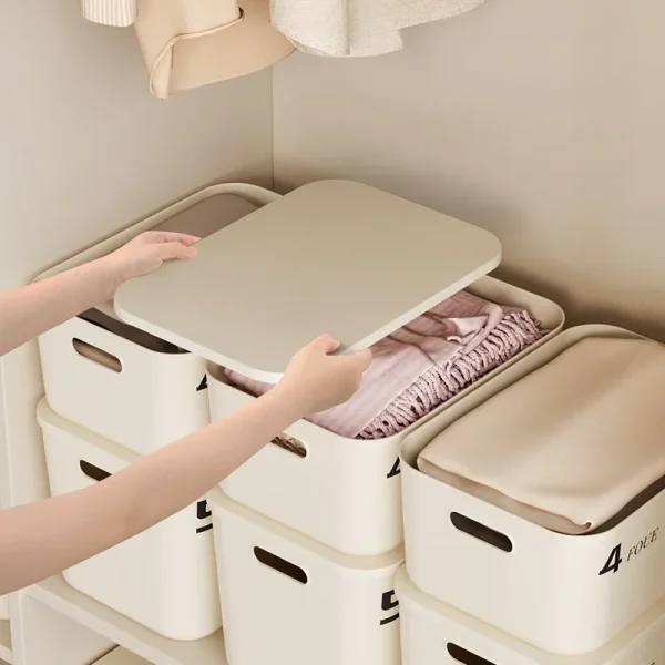 Stackable Storage Box with Lid Dustproof Cosmetics Clothing Grocery Storage Trunk Snack Storage Container Toy Storage Bin Basket 4