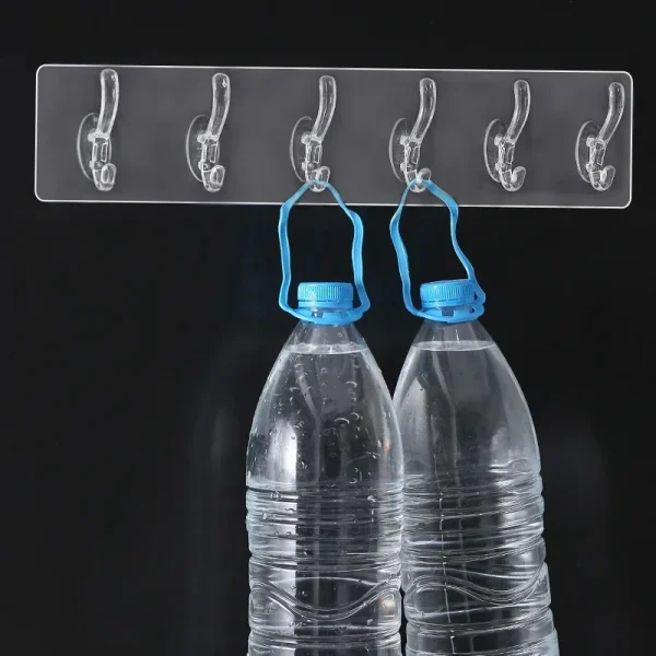 Transparent Plastic Coat Hooks Kitchen Bathroom Six Rows Hooks Punch Free Wall Hook Bathroom Towel Rack Accessories 5